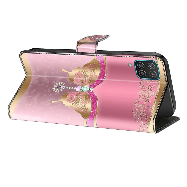 For Samsung Galaxy A12 4G / 5G Crystal 3D Shockproof Protective Leather Phone Case(Pink Bottom Butterfly) by buy2fix