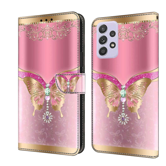 For Samsung Galaxy A52 / A52s 5G Crystal 3D Shockproof Protective Leather Phone Case(Pink Bottom Butterfly)