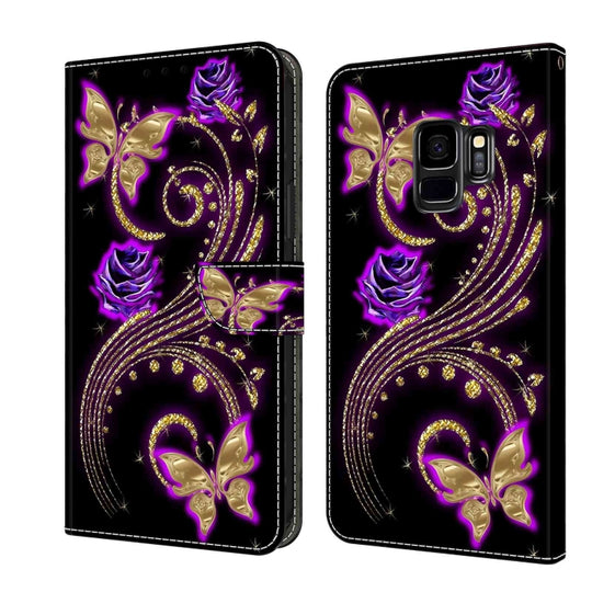 For Samsung Galaxy S9 Crystal 3D Shockproof Protective Leather Phone Case(Purple Flower Butterfly)