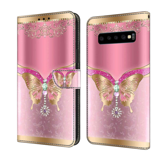 For Samsung Galaxy S10 Crystal 3D Shockproof Protective Leather Phone Case(Pink Bottom Butterfly)