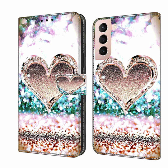 For Samsung Galaxy S21 Crystal 3D Shockproof Protective Leather Phone Case(Pink Diamond Heart)