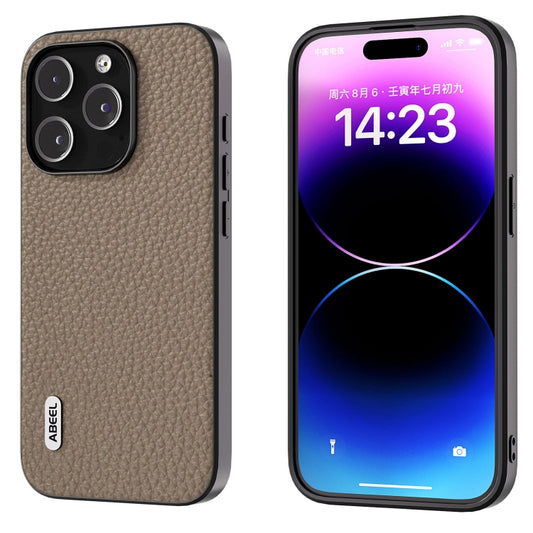 For iPhone 14 Pro Max ABEEL Genuine Leather Litchi Texture Phone Case(Grey) - iPhone 14 Pro Max Cases by buy2fix | Online Shopping UK | buy2fix