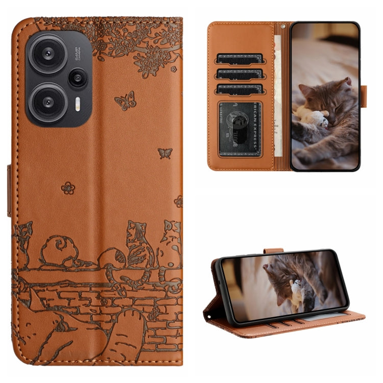 For Xiaomi Poco F5 Cat Embossing Pattern Leather Phone Case with Lanyard(Brown) - Xiaomi Cases by buy2fix | Online Shopping UK | buy2fix