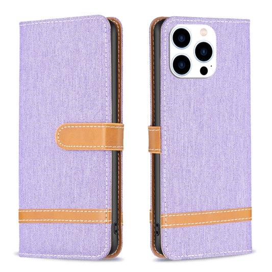 For iPhone 15 Pro Color Block Denim Texture Leather Phone Case(Purple) - iPhone 15 Pro Cases by buy2fix | Online Shopping UK | buy2fix