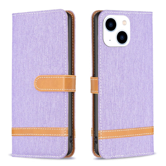 For iPhone 15 Color Block Denim Texture Leather Phone Case(Purple) - iPhone 15 Cases by buy2fix | Online Shopping UK | buy2fix