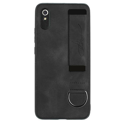 For Xiaomi Redmi 9A Wristband Holder Leather Back Phone Case(Black) - Xiaomi Cases by buy2fix | Online Shopping UK | buy2fix