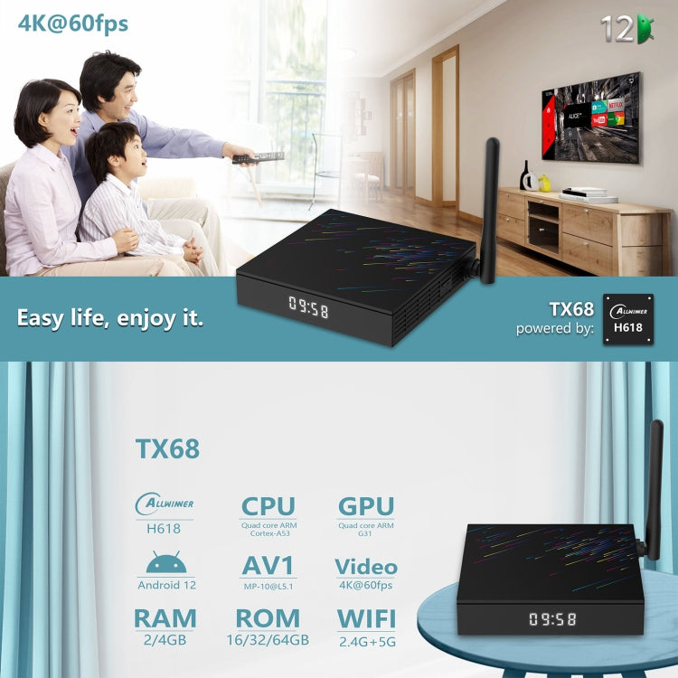 H618-TX68 Android 12.0 Allwinner H618 Quad Core Smart TV Box, Memory:4GB+64GB(US Plug) - Allwinner H6 by buy2fix | Online Shopping UK | buy2fix