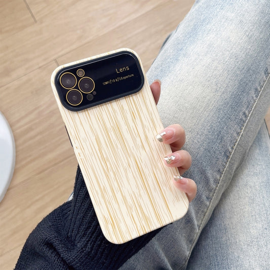 For iPhone 13 Pro Max Wood Grain TPU Phone Case with Lens Film(Beige) - iPhone 13 Pro Max Cases by buy2fix | Online Shopping UK | buy2fix