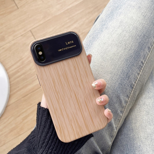 For iPhone X / XS Wood Grain TPU Phone Case with Lens Film(Khaki) - More iPhone Cases by buy2fix | Online Shopping UK | buy2fix