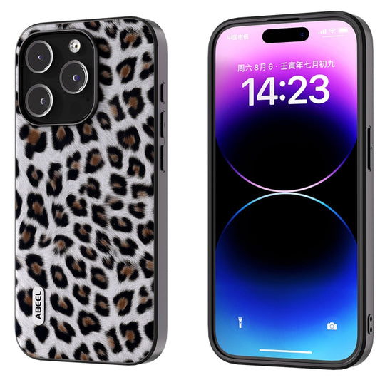 Pour iPhone 15 Pro Max ABEEL Black Edge Leopard Phone Case (Léopard argenté)