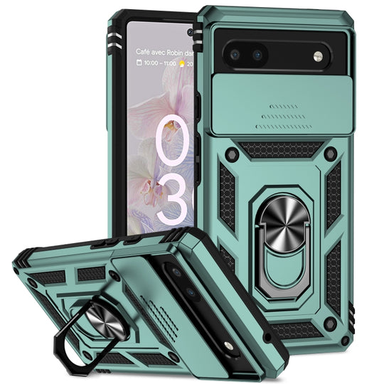 Pour Google Pixel 6a Étui de téléphone avec support de camshield coulissant (vert foncé)