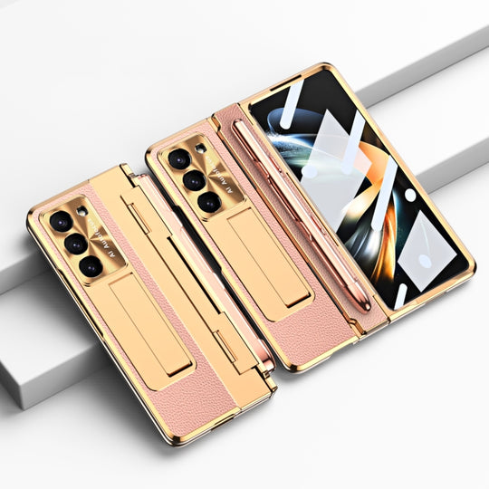 For Samsung Galaxy Z Fold5 5G Integrated Full Coverage Pen Slot Folding Phone Case with Stylus(Gold+Pink)