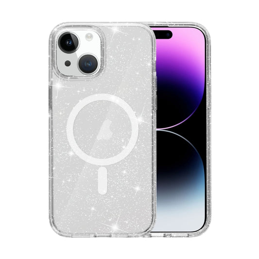 For iPhone 15 Plus Terminator Style Glitter Powder MagSafe Magnetic Phone Case(White) - iPhone 15 Plus Cases by buy2fix | Online Shopping UK | buy2fix