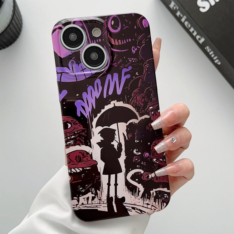For iPhone 13 Painted Pattern Precise Hole PC Phone Case(Black Purple Umbrella Boy) by buy2fix