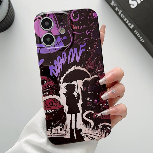 For iPhone 12 Painted Pattern Precise Hole PC Phone Case(Black Purple Umbrella Boy) by buy2fix