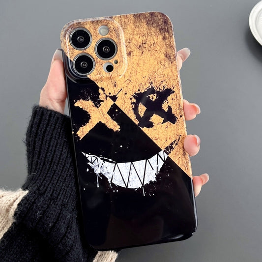 For iPhone 12 Pro Painted Pattern Precise Hole PC Phone Case(Black Yellow Smiling) by buy2fix