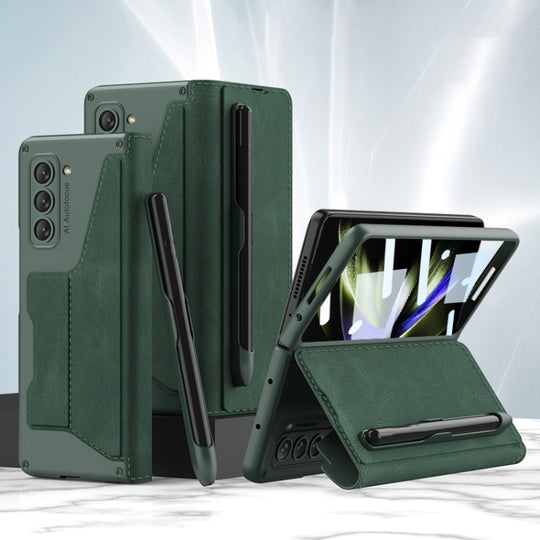 For Samsung Galaxy Z Fold5 5G GKK Screen Tempered Glass Film Armor Flip Leather Case with Pen Slot(Green)