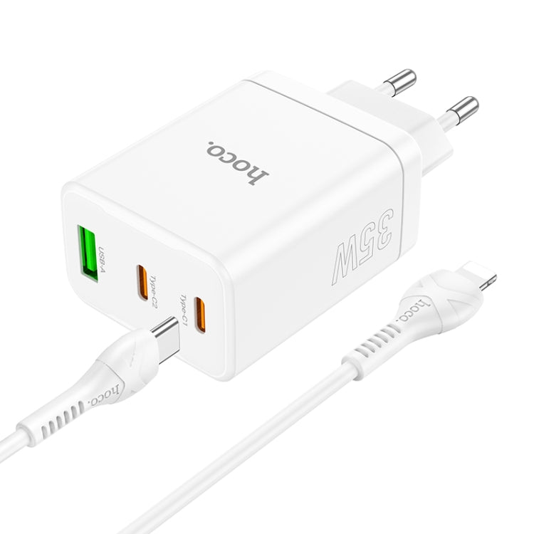 hoco N33 Start PD35W Dual Type-C + USB Charger with Type-C to 8 Pin Cable, EU Plug(White) - USB Charger by hoco | Online Shopping UK | buy2fix