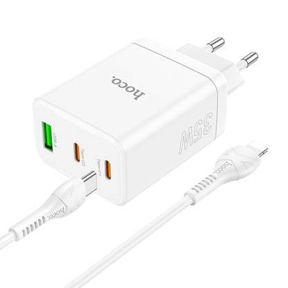 hoco N33 Start PD35W Dual Type-C + USB Charger with Type-C to 8 Pin Cable, EU Plug(White) - USB Charger by hoco | Online Shopping UK | buy2fix