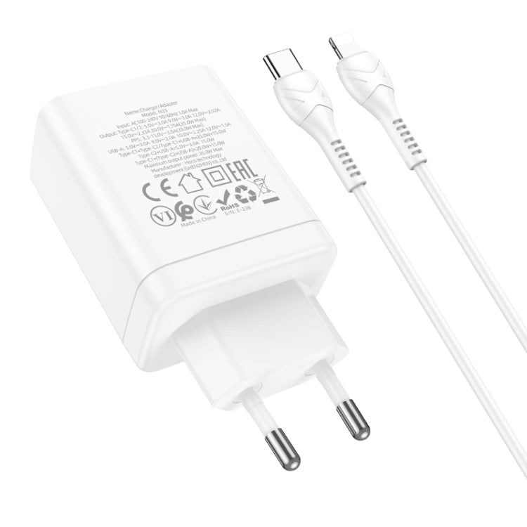 hoco N33 Start PD35W Dual Type-C + USB Charger with Type-C to 8 Pin Cable, EU Plug(White) - USB Charger by hoco | Online Shopping UK | buy2fix