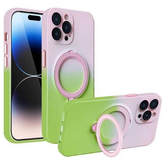 For iPhone 14 Pro Gradient TPU MagSafe Holder Phone Case(Pink Green)