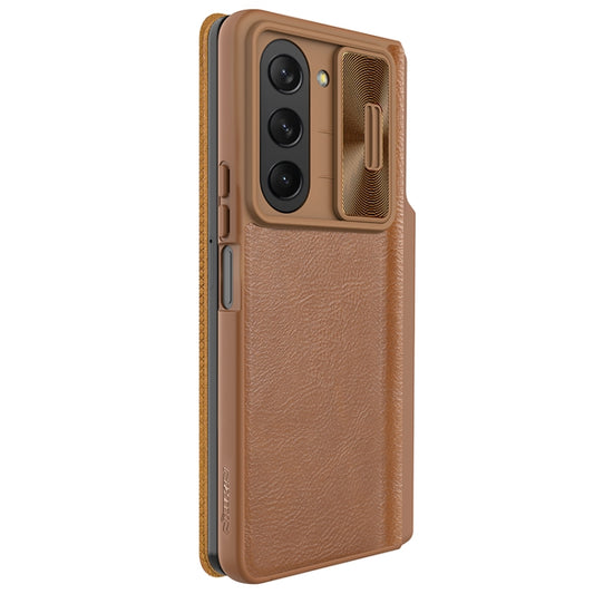 For Samsung Galaxy Z Fold5 NILLKIN QIN Series Pro Sliding Camera Cover Design Leather Phone Case(Brown) by NILLKIN