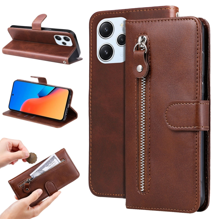For Xiaomi Redmi 12 4G Fashion Calf Texture Zipper Leather Phone Case(Brown) by buy2fix