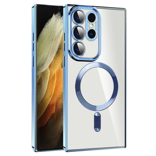 For Samsung Galaxy S21 Ultra 5G CD Texture Plating TPU MagSafe Phone Case with Lens Film(Sierra Blue)
