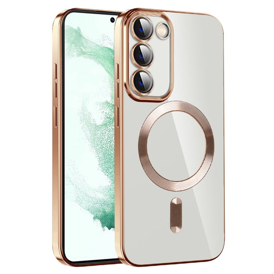 For Samsung Galaxy S22+ 5G CD Texture Plating TPU MagSafe Phone Case with Lens Film(Brown)