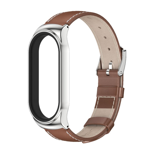 For Xiaomi Mi Band 8 Mijobs CS Case Genuine Leather Top Layer Cowhide Watch Band(Brown Silver) by MIJOBS