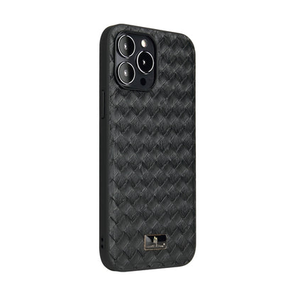 For iPhone 15 Pro Fierre Shann Leather Texture Phone Back Cover Case(Woven Black) - iPhone 15 Pro Cases by FIERRE SHANN | Online Shopping UK | buy2fix