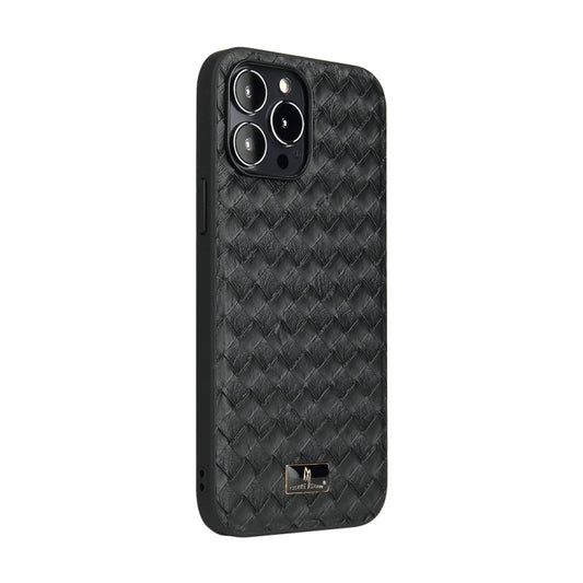 For iPhone 15 Pro Fierre Shann Leather Texture Phone Back Cover Case(Woven Black) by FIERRE SHANN