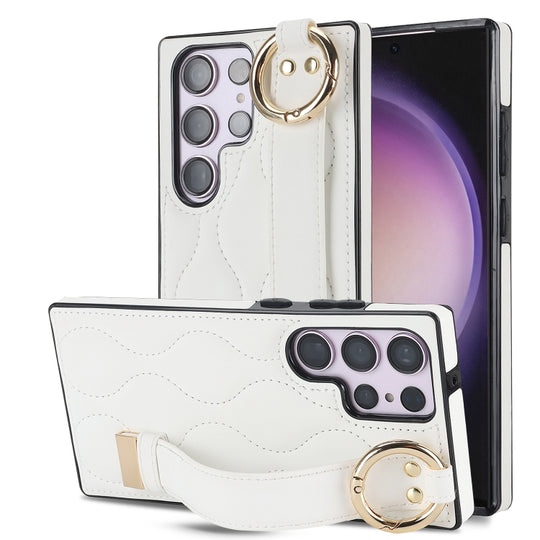 For Samsung Galaxy S23 Ultra Non-slip Full Coverage Ring PU Phone Case with Wristband(White)