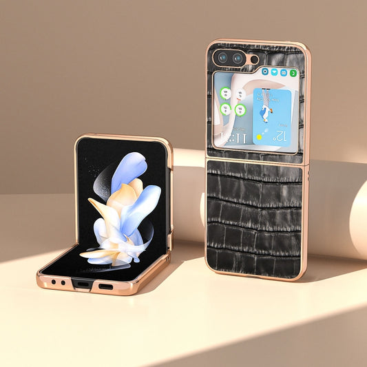 For Samsung Galaxy Z Flip5 Crocodile Texture Genuine Leather Electroplating Phone Case(Black) by buy2fix