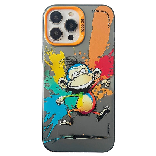 For iPhone 15 Pro Max Double Layer Color Silver Series Animal Oil Painting Phone Case(Jumping Monkey) - iPhone 15 Pro Max Cases by buy2fix | Online Shopping UK | buy2fix