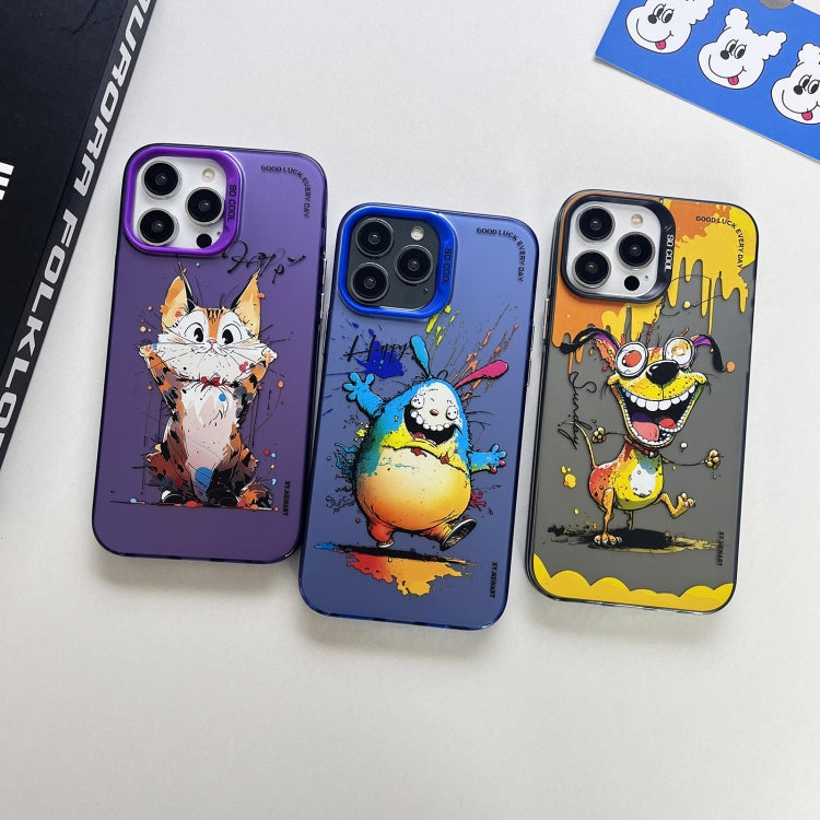 For iPhone 15 Pro Max Double Layer Color Silver Series Animal Oil Painting Phone Case(Happy Mouse) by buy2fix