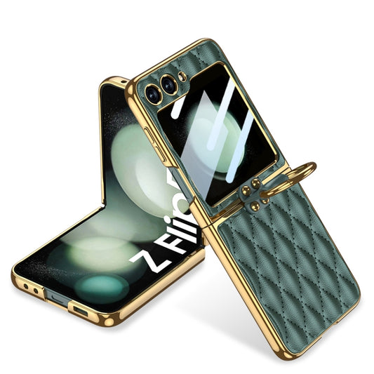 For Samsung Galaxy Z Flip5 GKK Integrated Plating Diamond Texture PU Phone Case with Ring(Green) - Galaxy Z Flip5 Cases by GKK | Online Shopping UK | buy2fix