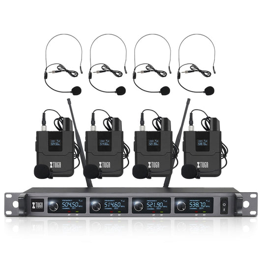 XTUGA A140-B Wireless Microphone System 4 BodyPack Headset Lavalier Microphone(EU Plug) - Microphone by XTUGA | Online Shopping UK | buy2fix