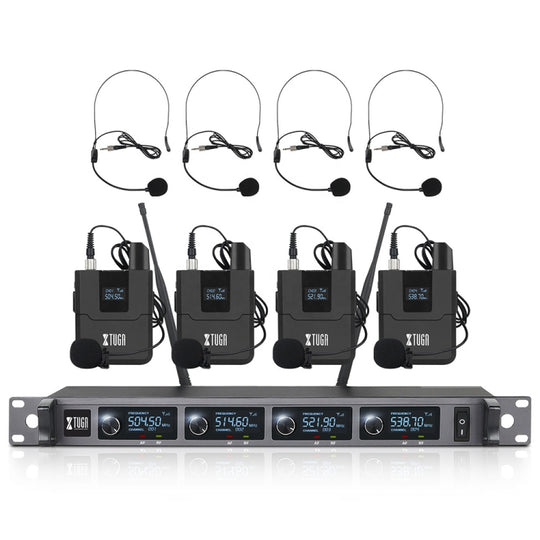 XTUGA A140-B Wireless Microphone System 4 BodyPack Headset Lavalier Microphone(EU Plug)