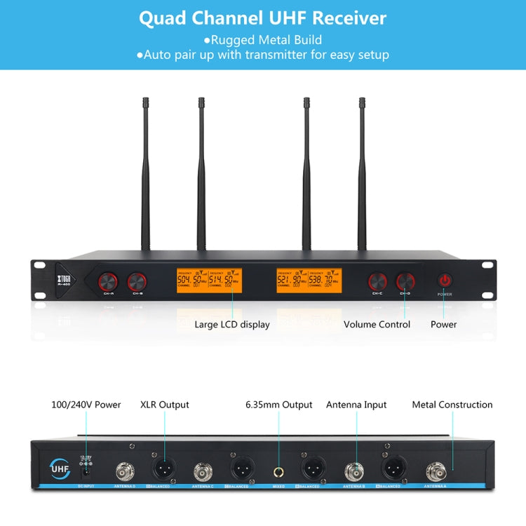 XTUGA A400-HB Professional 4-Channel UHF Wireless Microphone System with 2 Handheld & 2 Headset Microphone(UK Plug) - Microphone by XTUGA | Online Shopping UK | buy2fix