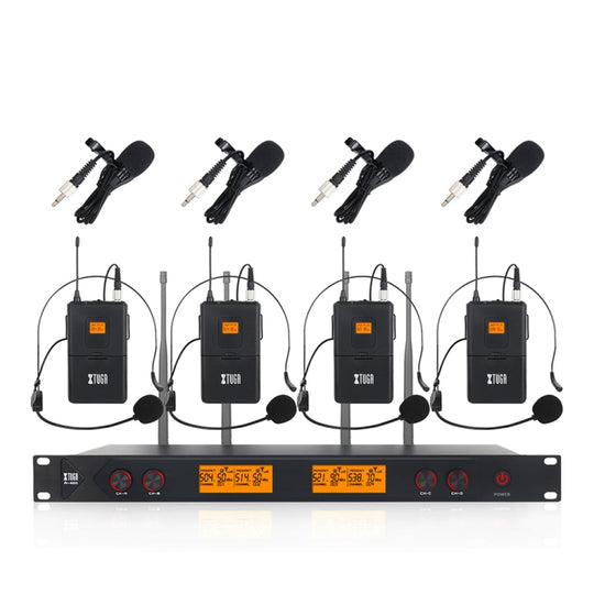 XTUGA A400-B Professional 4-Channel UHF Wireless Microphone System with 4 BodyPack Lavalier Headset Microphone(AU Plug)