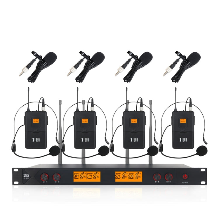 XTUGA A400-B Professional 4-Channel UHF Wireless Microphone System with 4 BodyPack Lavalier Headset Microphone(UK Plug) - Microphone by XTUGA | Online Shopping UK | buy2fix