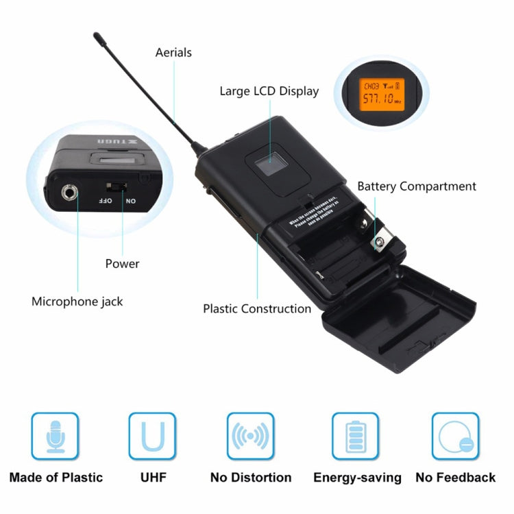 XTUGA A400-B Professional 4-Channel UHF Wireless Microphone System with 4 BodyPack Lavalier Headset Microphone(UK Plug) - Microphone by XTUGA | Online Shopping UK | buy2fix