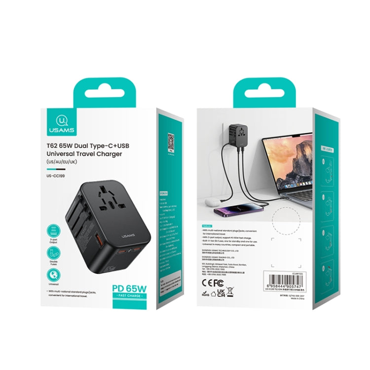 USAMS US-CC199 T62 65W PD Global Travel Fast Charger Power Adapter(Black) - Plug Adaptor by USAMS | Online Shopping UK | buy2fix