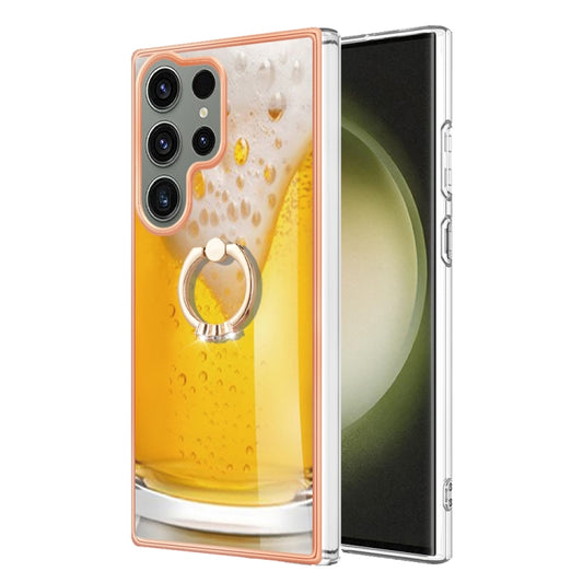 For Samsung Galaxy S23 Ultra 5G Electroplating Dual-side IMD Phone Case with Ring Holder(Draft Beer) by buy2fix