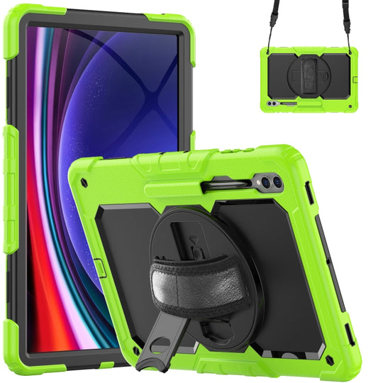 For Samsung Galaxy Tab S9 Ultra / S10 Ultra Lucky Wheel Grip Silicone Hybrid PC Tablet Case with Shoulder Strap(Yellow Green+Black)