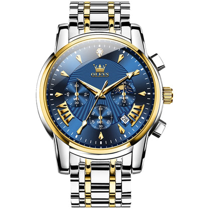 OLEVS 2892 Men Multifunctional Business Waterproof Quartz Watch(Blue + Gold) - Metal Strap Watches by OLEVS | Online Shopping UK | buy2fix