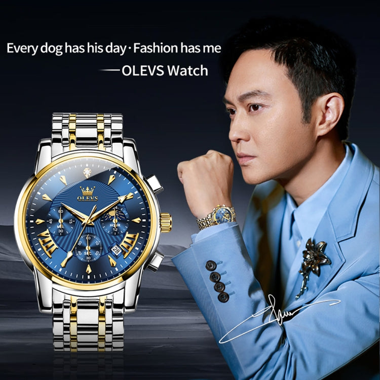 OLEVS 2892 Men Multifunctional Business Waterproof Quartz Watch(Blue + Gold) - Metal Strap Watches by OLEVS | Online Shopping UK | buy2fix