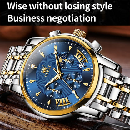 OLEVS 2892 Men Multifunctional Business Waterproof Quartz Watch(Blue + Gold) - Metal Strap Watches by OLEVS | Online Shopping UK | buy2fix