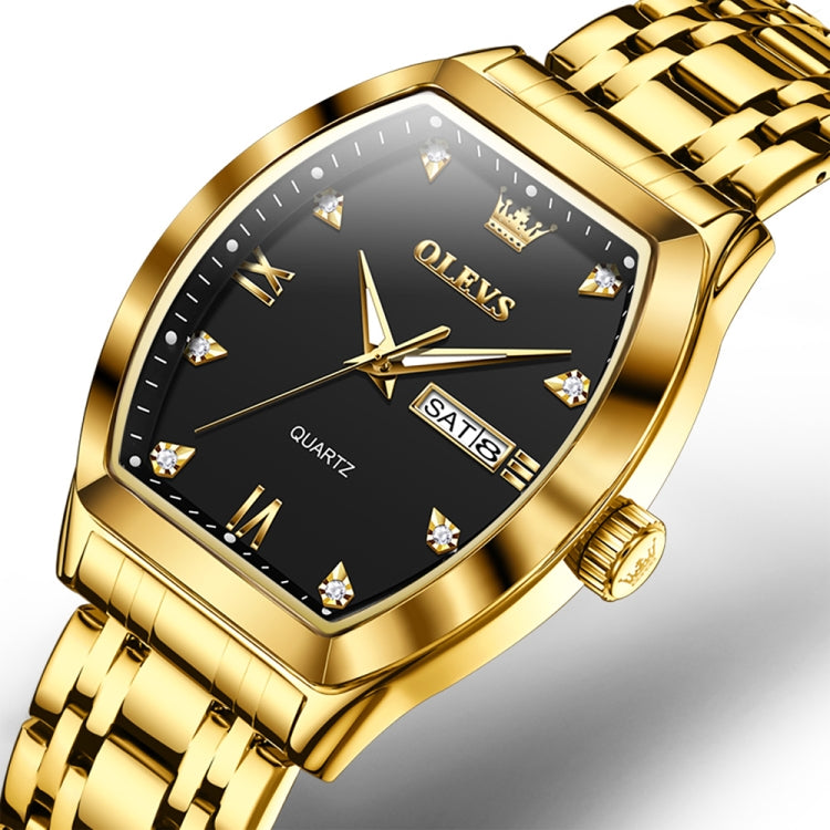 OLEVS 5528 Men Business Dual Calendar Wine Barrel Waterproof Quartz Watch(Black + Gold) - Metal Strap Watches by OLEVS | Online Shopping UK | buy2fix